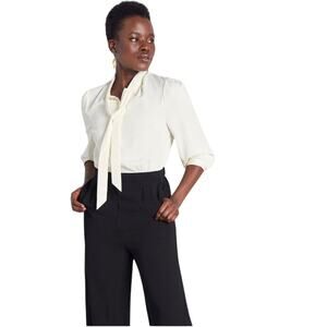 Modcloth Pretty Polished Twofer Jumpsuit Tie 3/4 Sleeve Wide Leg Black Ivory S